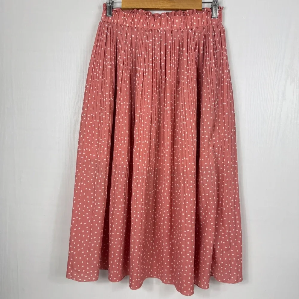 Exlura Women Pink Polka Dot Pleated Midi Skirt Elastic High Waist Pockets Size M